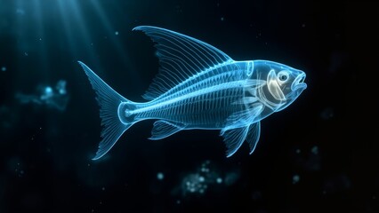 Fototapeta premium Digital X-Ray Fish A captivating digital rendering of a fish in a transparent, X-ray-like style. The creature is entirely composed of glowing, light-blue lines that trace its skeletal structure, fins,