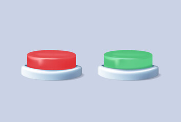 Two buttons, red and green, choosing button to push. Concept of difficult choice between two options, alternatives or opportunities, life dilemma, decision. Vector illustration in 3D render vector