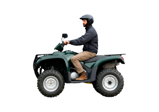 Man riding atv in black helmet and jacket on transparent background, PNG