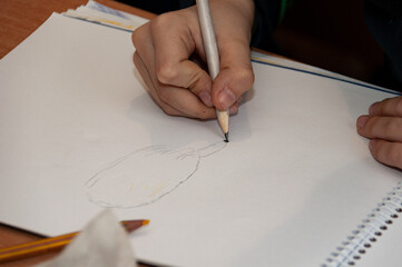 A woman's hand draws on an album sheet with a pencil