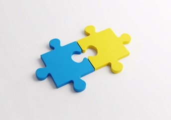 Fototapeta premium Two puzzle pieces, blue and yellow, nearly connected, representing teamwork and unity.