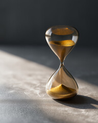 Golden hourglass with flowing sand minimalistic concept of time