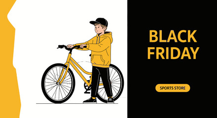 Black Friday bicycle sales promotion with a young man on yellow bicycle minimal vector design for