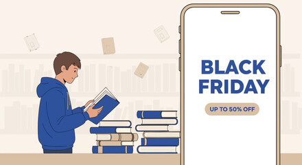 Black Friday book sale: a student reading in front of a mobile promotion 50% off