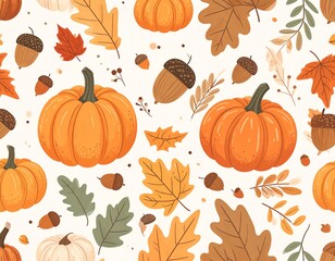 Pattern  seamless con zucche e foglie autunnali in stile doodle minimal