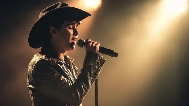 a young country singer wearing a cowboy hat and leather jacket