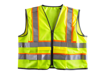 High visibility safety vest with reflective stripes, isolated on transparent background