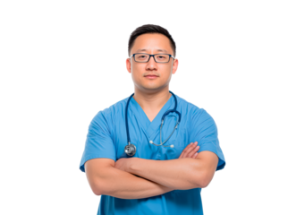 Male asian adult doctor in blue scrubs with stethoscope standing confidently on transparent background, PNG
