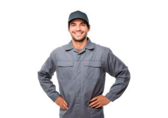 Man worker in uniform smiling confidently with hands on hips on transparent background, PNG