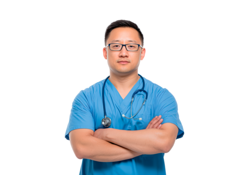 Male asian adult doctor in blue scrubs with stethoscope standing confidently on transparent background, PNG