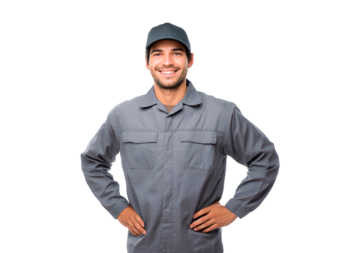 Man worker in uniform smiling confidently with hands on hips on transparent background, PNG