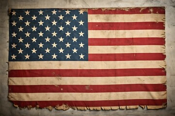 A worn and faded american flag displaying stars and stripes with tattered edges