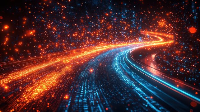 A vibrant, digital highway pulsates with streams of data, morphing into intricate code snippets as it races across the asphalt, symbolizing the rapid and agile transformation driven by disruptive 