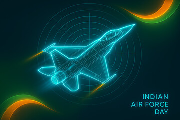 Glowing neon fighter jet with digital radar and tricolor light design symbolizing strength and pride on indian air force day