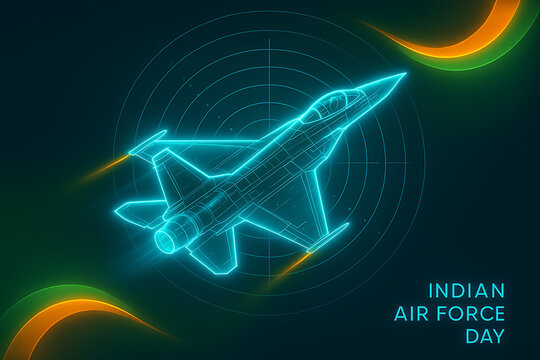 Glowing neon fighter jet with digital radar and tricolor light design symbolizing strength and pride on indian air force day