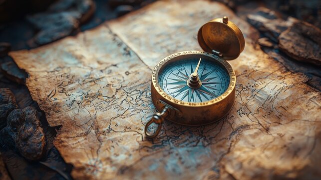 A weathered compass, its needle pointing towards an unknown horizon, rests on a faded map, its pages whispering tales of bygone adventures. The stale air carries the scent of old paper and forgotten 
