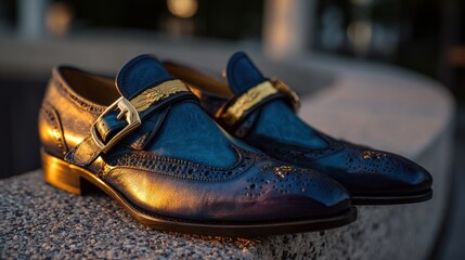Stunning photo of dark Blue Leather Shoes with Gold Accents at Sunset.