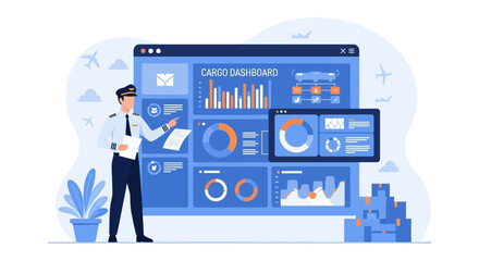Pilot analyzing cargo dashboard, data insights for logistics and aviation efficiency providing