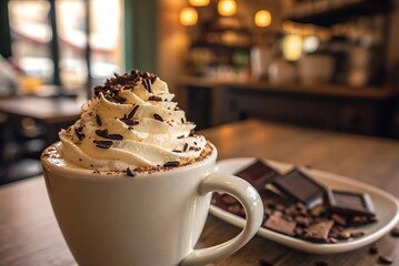 Deliciously creamy hot chocolate topped with whipped cream and chocolate shavings