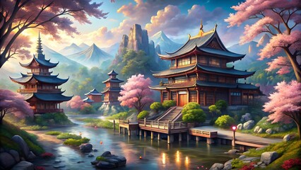 Serene japanese temple complex with cherry blossoms and a river at sunset