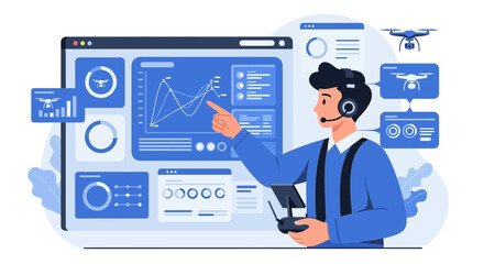 Professional Drone Operator Monitoring Data Analytics and Performance Metrics on a Dashboard