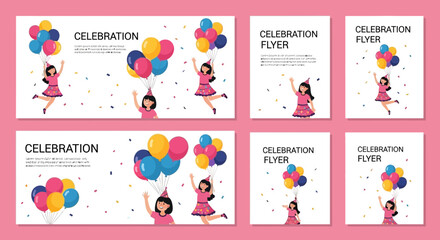 Set of celebration flyers and banners featuring a girl with balloons for birthday parties
