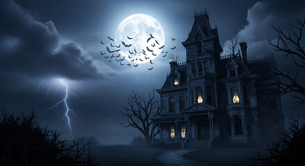Spooky haunted house with bats flying in front of a full moon on a stormy night with lightning