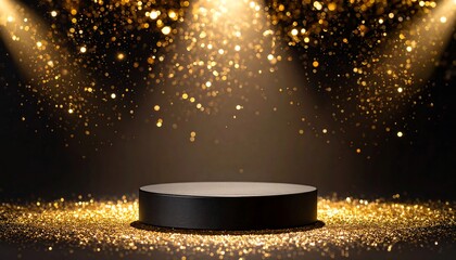 Black podium with gold glitter, and spotlight.