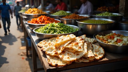 Obraz premium Vibrant Street Food Display Featuring Freshly Cooked Naan Bread and Colorful Vegetable Dishes in Metal Bowls at a Bustling Market
