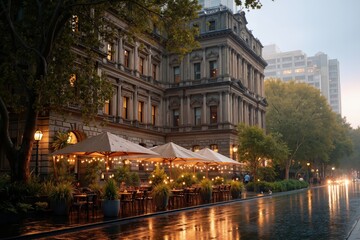 Obraz premium A city street with tables and umbrellas in the rain