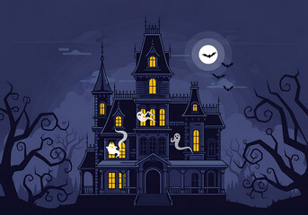 A spooky haunted house with ghosts flying around on a dark halloween night with bats and a full moon