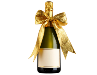 Festive Champagne Bottle with Gold Bow and Blank Label Transparent PNG