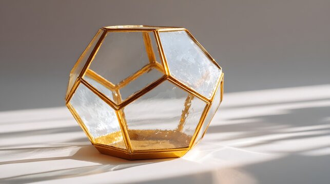 Geometric glass dodecahedron terrarium with a shiny gold metal frame.