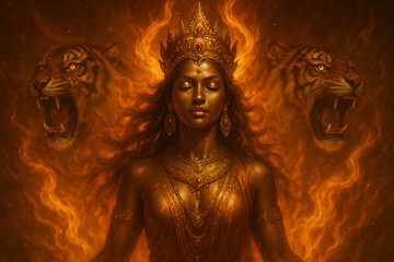 Golden goddess with crown jewelry and tigers symbolizing fearlessness strength divinity courage and protective spiritual power