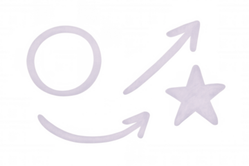 Hand-drawn white doodle arrows, circle, star pointing upward, floating against transparent backdrop