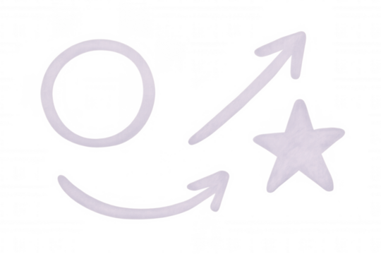 Hand-drawn white doodle arrows, circle, star pointing upward, floating against transparent backdrop - Powered by Adobe