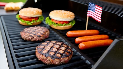 Celebratory American Barbecue Grill with Juicy Burgers Hot Dogs and USA Flag Ready for a Festive Cookout Celebrating Fourth of July or Memorial Day