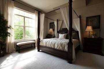 Tranquil bedroom with plush canopy bed creating serene luxurious retreat filled with calm atmosphere