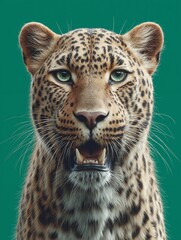 Fototapeta premium A close up of a leopard's face with a green background