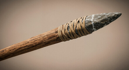 Close-up of a hand-crafted primitive hunting spear with stone tip and natural bindings
