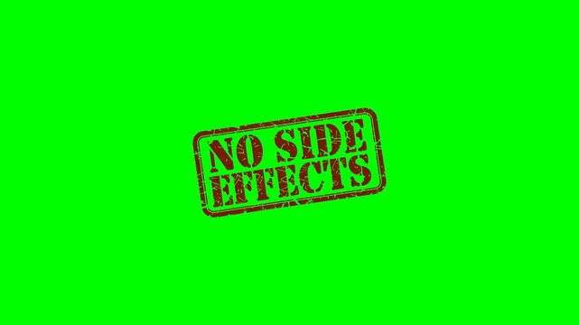 No Side Effects: rubber stamp seal label animation on a green screen background for promoting safe medicines, healthcare products, and certified treatments