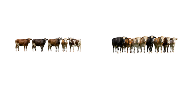 Cattle herd gathering farm pasture animal open field wide angle agricultural livestock management isolated set png