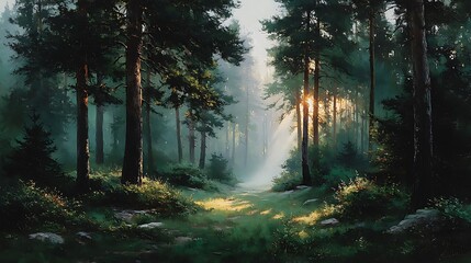 Obraz premium Captivating woodland trail surrounded by tall trees high resolution picture