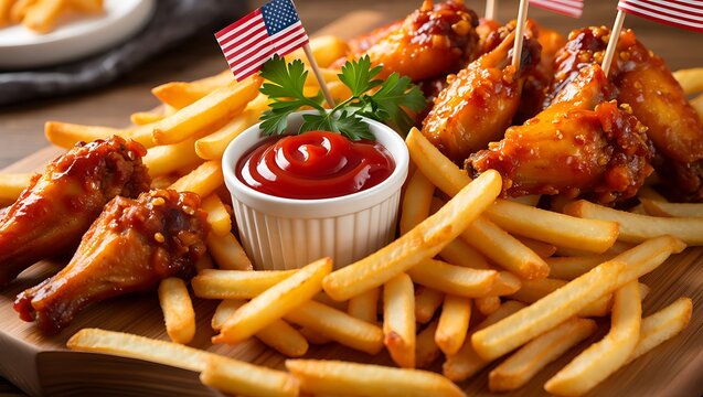 Delicious American Food featuring Chicken Wings and French Fries with Ketchup and American Flags ready to celebrate Independence Day