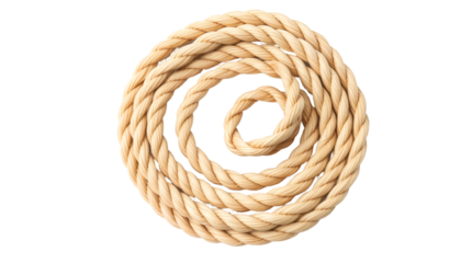 rope neatly arranged in a circular spiral on a clean white background, sharp and detailed texture., PNG