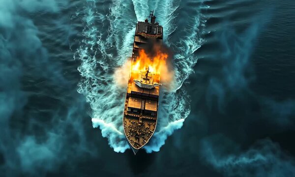 Dramatic Aerial View of Cargo Ship on Fire in the Middle of the Ocean