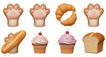 Bakery goods and cat paw shaped treats illustration