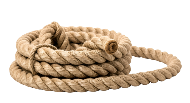 rope neatly arranged in a circular spiral on a clean white background, sharp and detailed texture., PNG