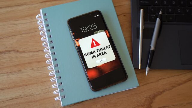 Urgent notification "bomb threath in area" on smartphone. Concept of world war. 