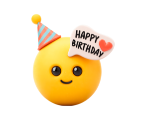 Smiling emoji with birthday hat and happy birthday speech bubble on transparent background, PNG